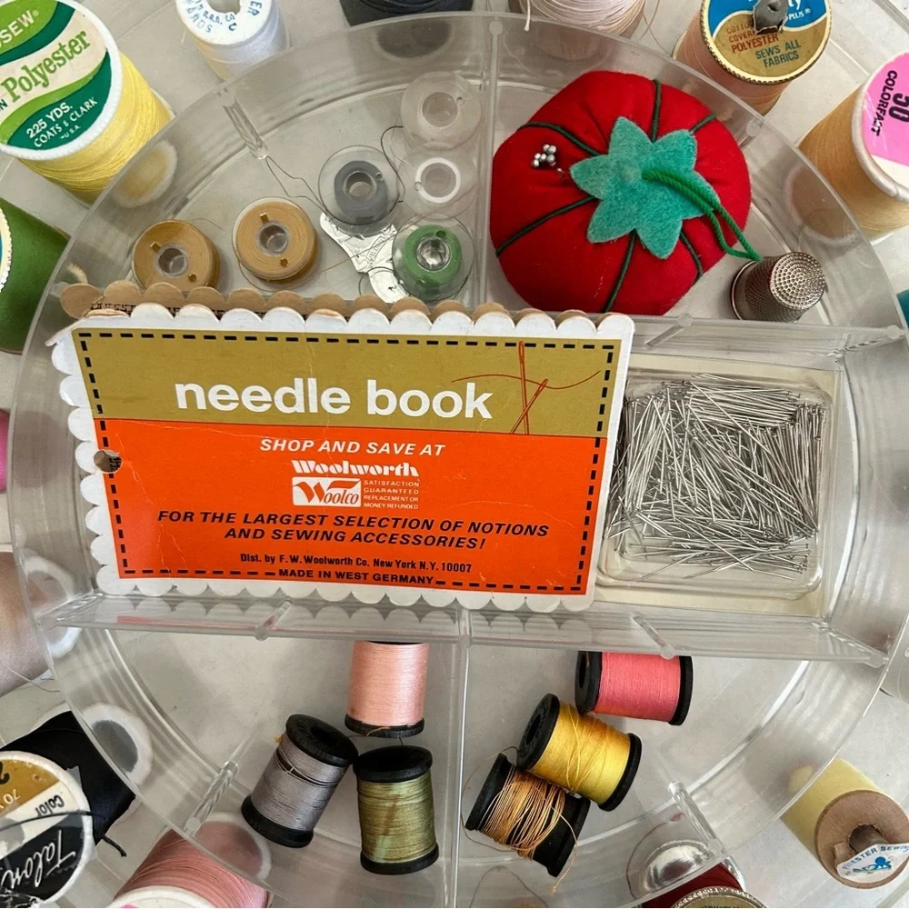 Vintage Round Sewing Thread Box Caddy w Accessories Large 60's Clear Plastic MCM